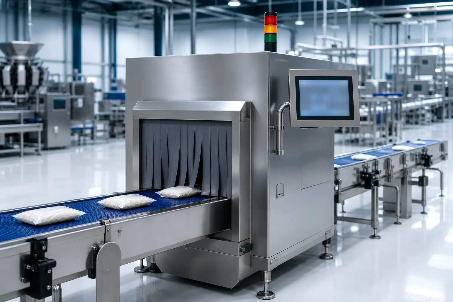 Paketleme hattında X-Ray kontrol tünelinden geçen ürünler
