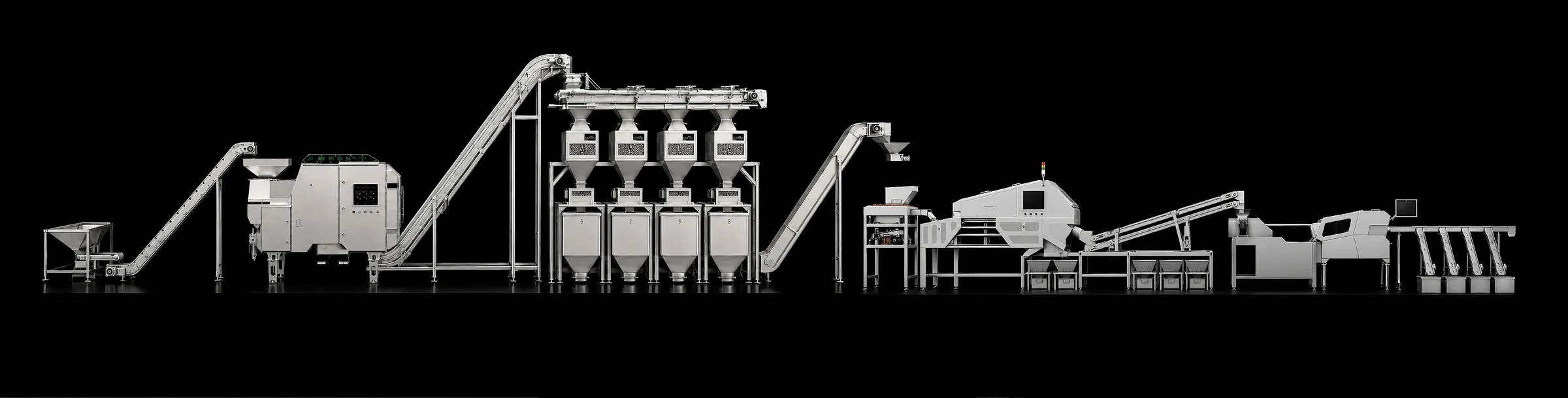 Turnkey sorting line: elevators, feed hoppers, color sorter and packing line together