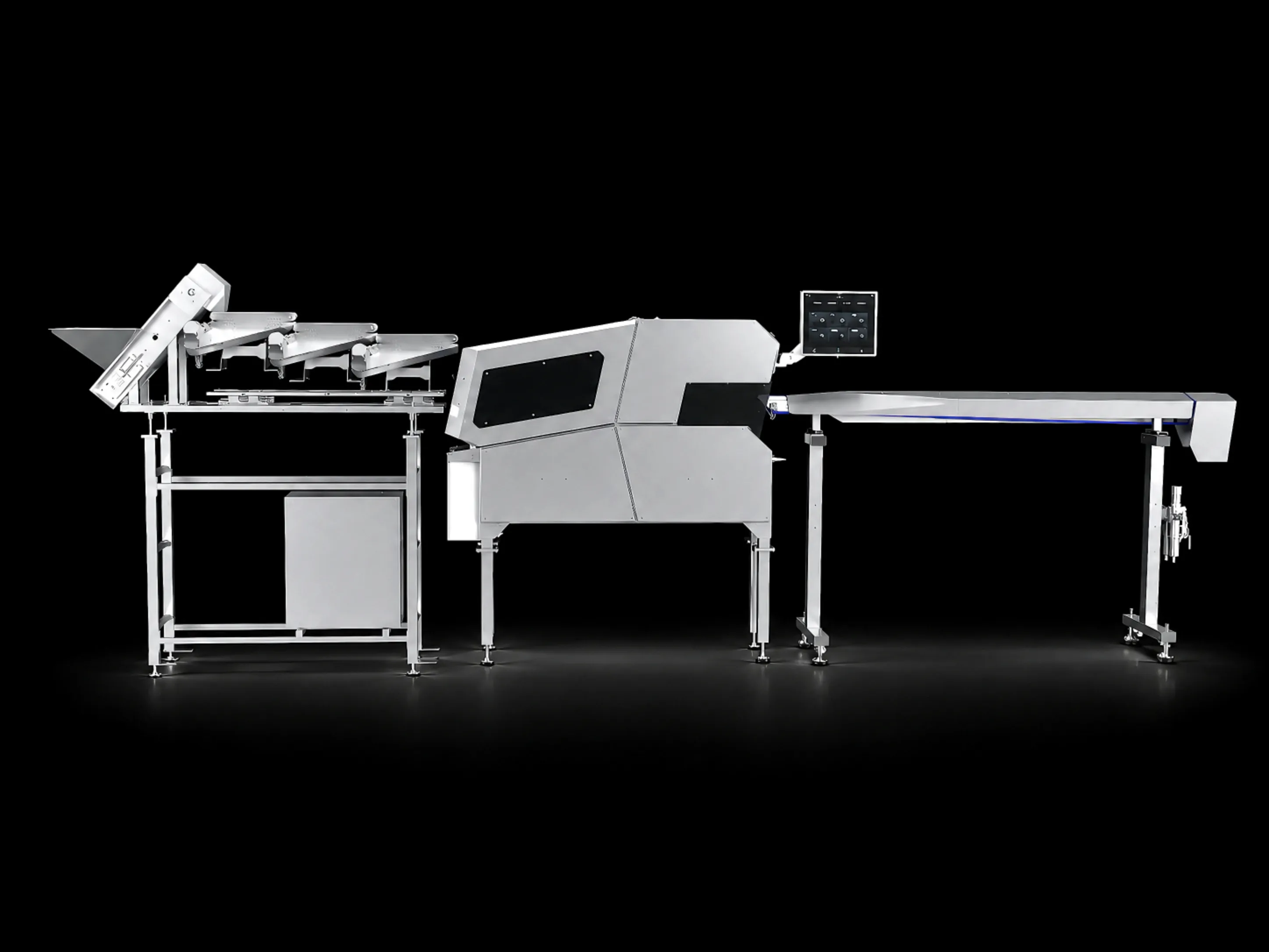 Sorting line made up of feeding, sorting and analysis conveyor stages